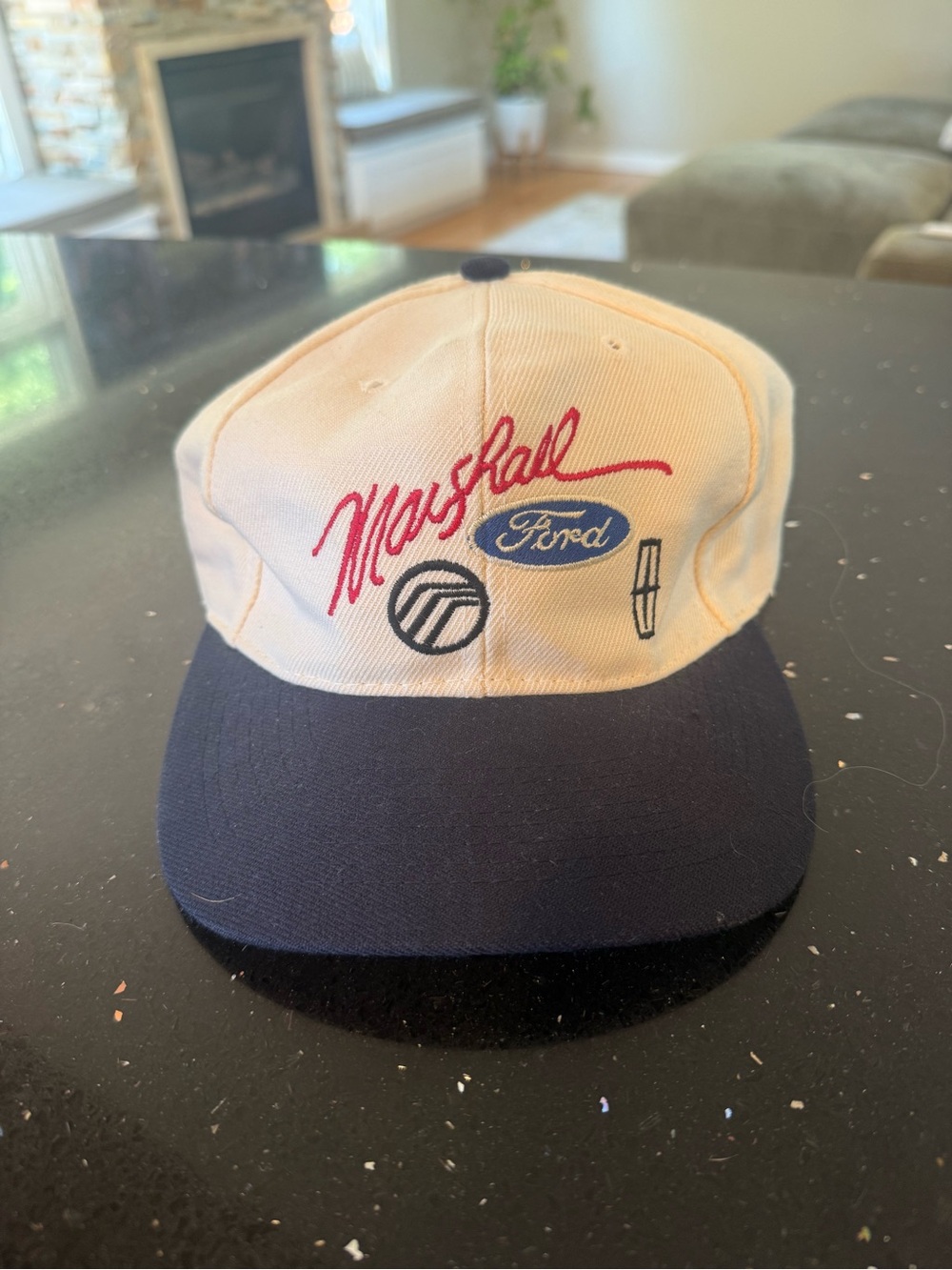 Marshall Lincoln Ford Two-Tone Baseball Cap in Cream & Navy with Red Script